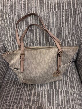 Michael Kors Beige Monogram Tote with Leather Straps
